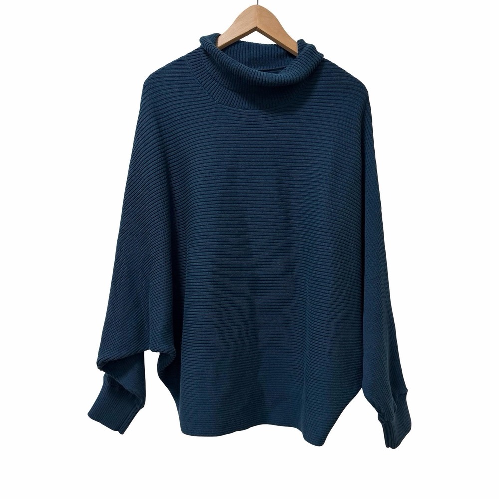 Nation LTD Womens Dolman Pima Cotton Ribbed Turtleneck Sweater Size M Teal Blue‎